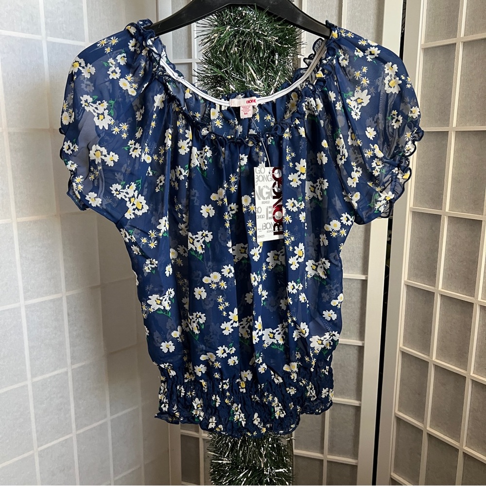 BONGO Navy Floral Sheer Blouse